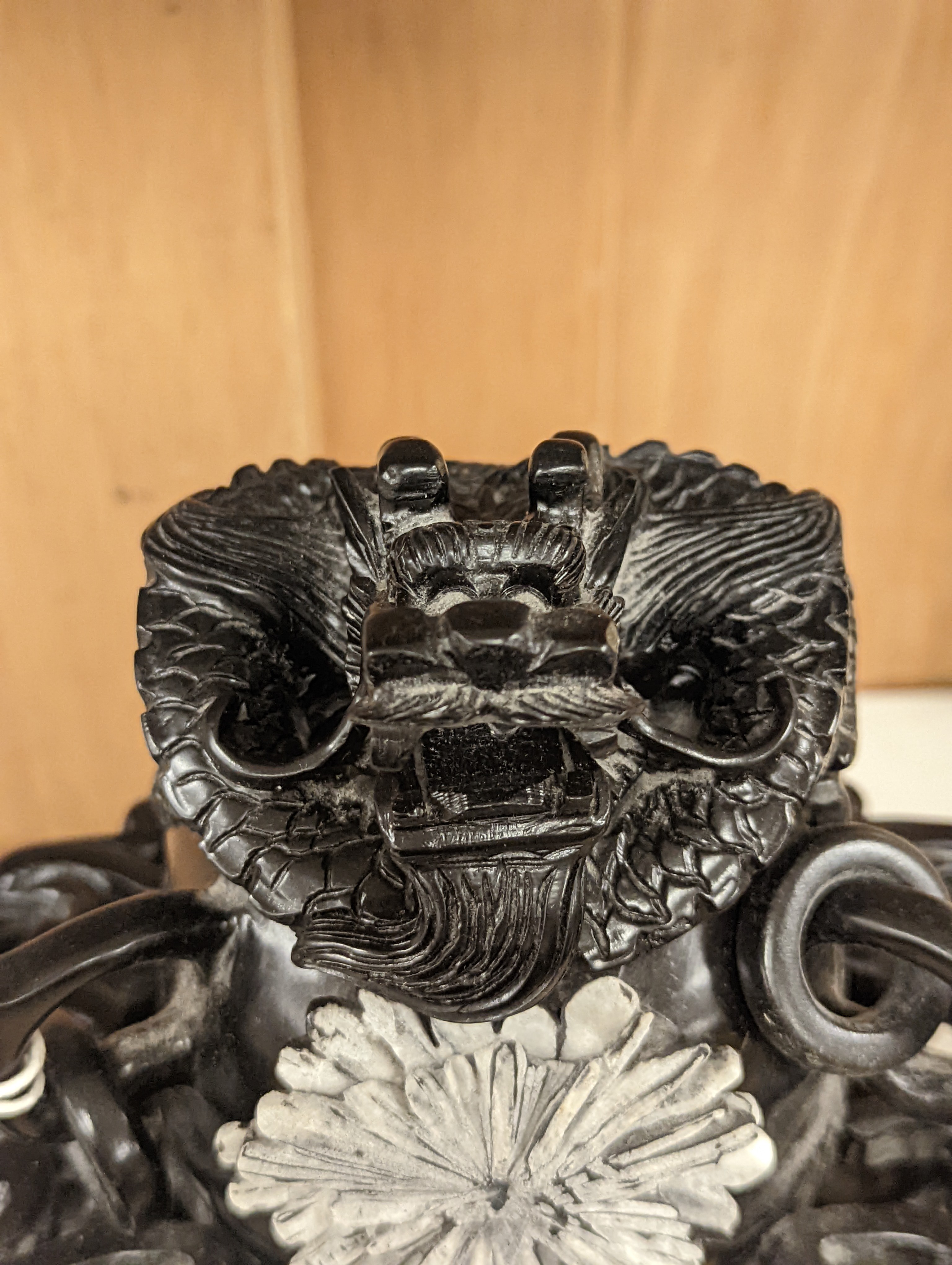 A large decorative Chinese black hardstone tripod censer and cover - 25.5cm high